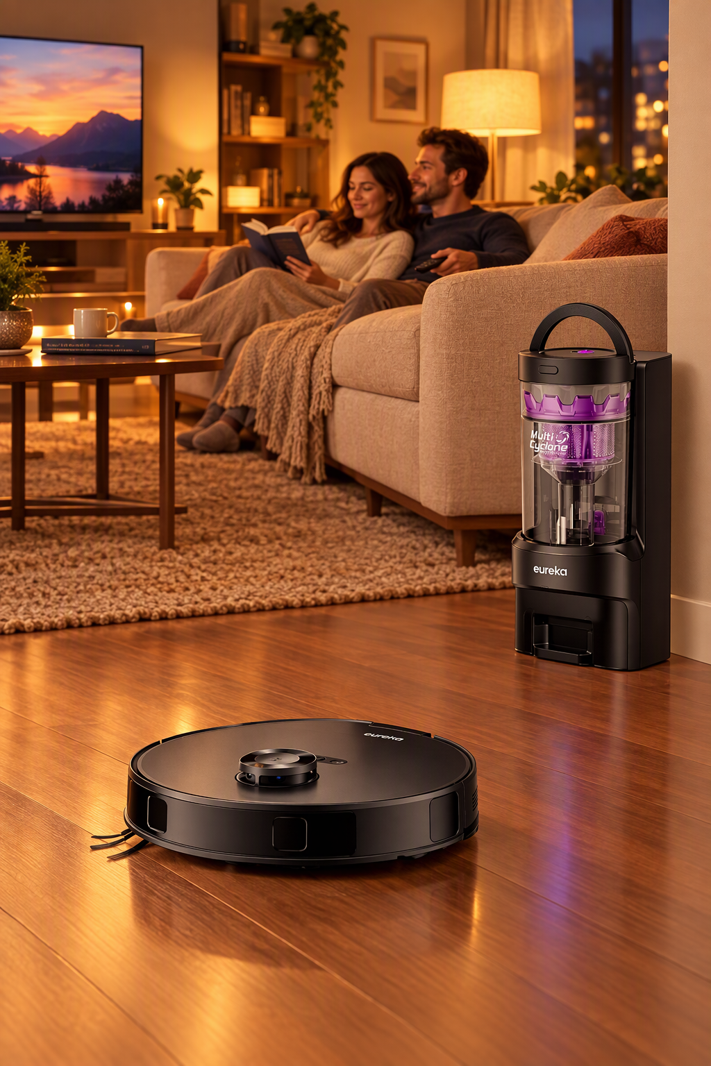 Eureka E20 Evo Plus robot vacuum cleaning while a couple relaxes on the sofa