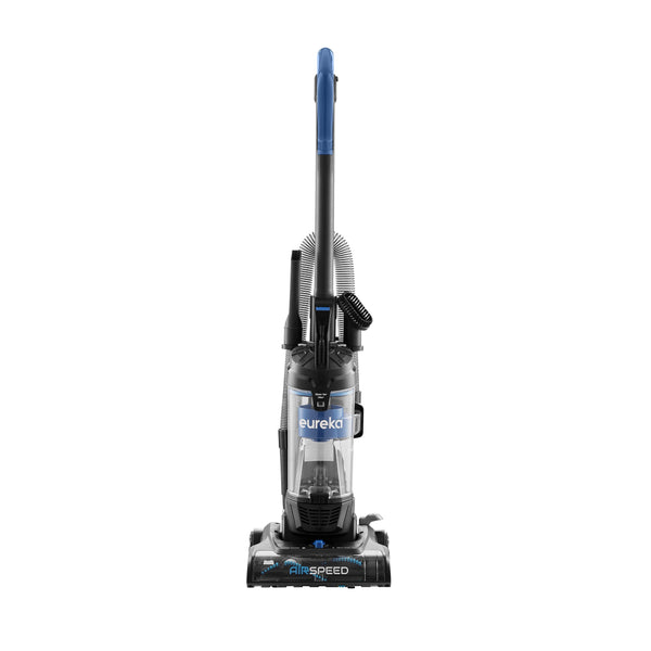 Eureka Airspeed Plus Compact Upright Vacuum Cleaner in black color with a visible dust cup and blue accents.