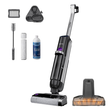 Cordless wet dry cleaner with various attachments and a bottle of cleaning solution, predominantly black in color.